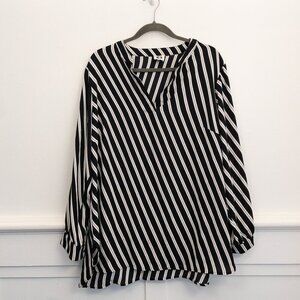 Anne Klein Black White Striped Long Sleeve Blouse V-Neck Relaxed Fit Top